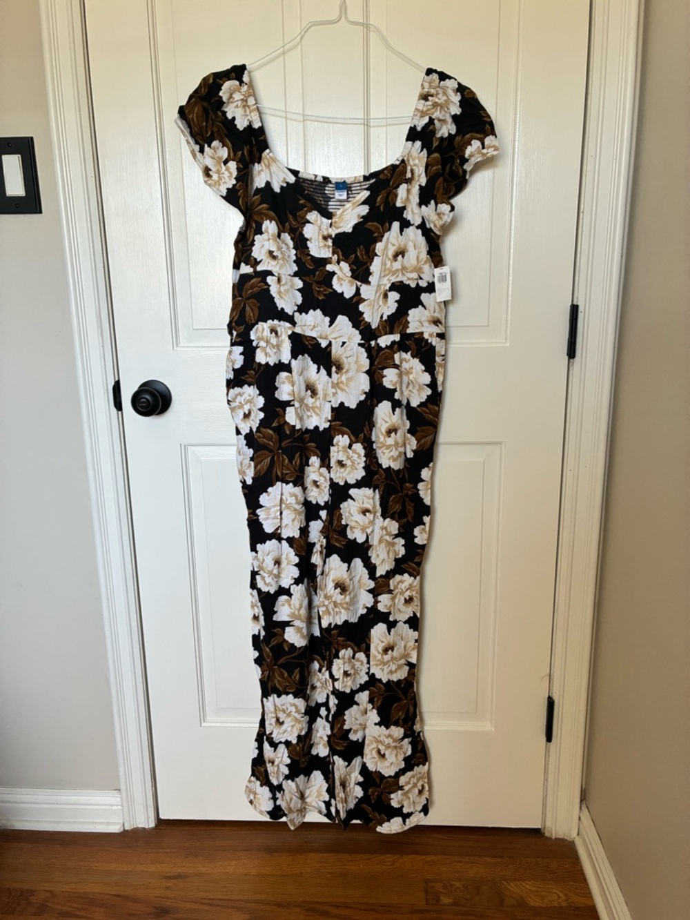 Old Navy Black jumpsuit with White & Brown Floral Print